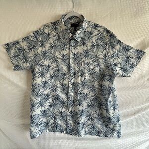 Club Room Luxury Linen Button Up Classic Fit Blue Leaf Print Short Sleeve XXL